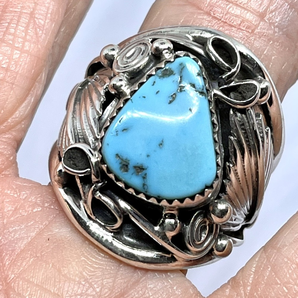 Navajo Turquoise Mens Ring Sz 11 Leaf Feather Sterling Native American Saunders